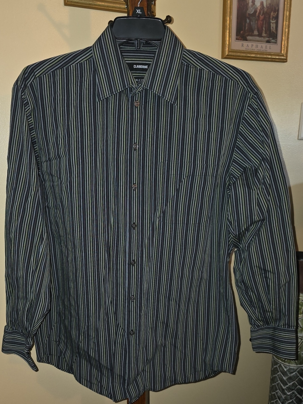 Claiborne Black Shirt with Green Pinstripes - Long Sleeve Dress Shirt